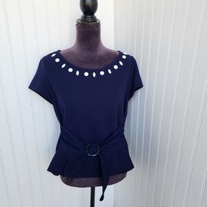 Perceptions Women Blue Navy Cap Sleeve Stretch Top w/ Sash White Beaded 12P
